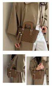 Detail of coffee brown bucket bag with pleated texture and stylish double tassels