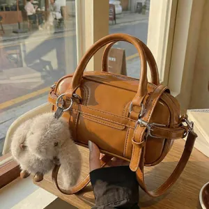 Vintage Korean Style Glossy PU Bowling Bag With Plush Rabbit Charm Retro Adjustable Strap Handbag Crossbody Bag For Women