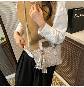 Chic beige textured bucket bag with side tassels shown on model for daily style