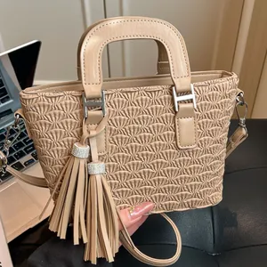 Women Fashion Ruched Bucket Bag PU Leather Handbag With Tassel Rhinestone Decor Versatile Crossbody Shoulder Bag