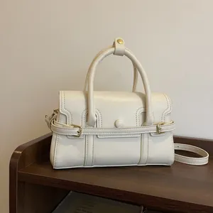 Sac à Main Vintage en Cuir PU pour Femmes Rétro Sac à Bandoulière de Navettage Avec Sangle Amovible Mode Surpiqûres Contrastées