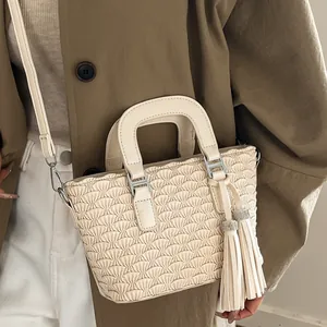 Chic pleated cream bucket handbag with diamond tassel and adjustable strap for women