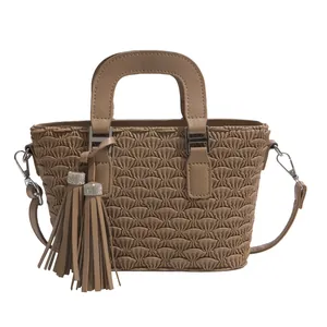 Khaki pleated leather bucket bag with rhinestone tassels and silver hardware