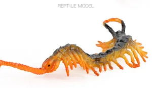 Detailed close-up of a realistic orange and black centipede toy model for kids
