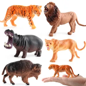Realistic 12-piece small wild animal figurine set including tiger, lion and hippo models
