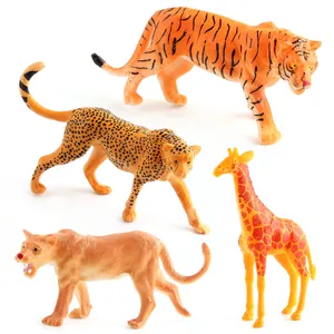Set of 4 realistic animal figures including tiger, leopard, lion, and giraffe models