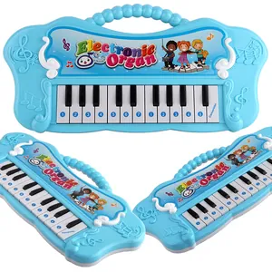Blue 13-key children's electronic piano toy with carry handle and cartoon graphics