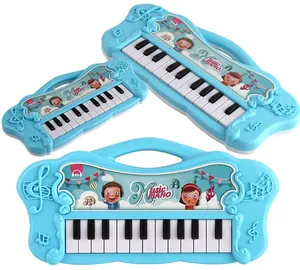 Three-angle views of blue kids toy piano with music buttons and a handle