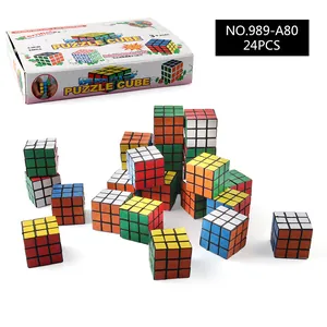 Detailed view of 24-piece mini 3x3 speed cube set in a white display box with six colors
