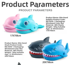 Detailed parameter table of ABS shark and dolphin biting finger toys with box dimensions