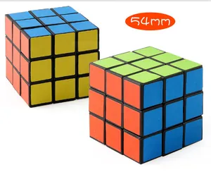 Detailed view of two professional 54mm 3x3 magic cubes with classic vibrant colors
