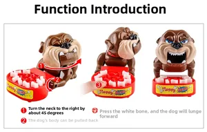 Detailed steps showing mechanical trigger of brown bulldog prank toy on white background