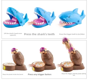 Detail showing the mechanism of blue shark and pirate barrel prank board game toy