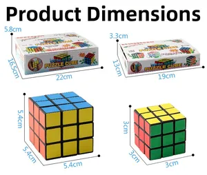 Detailed dimension comparison of large and small 3x3 puzzle cubes with retail packaging