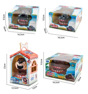 Detail view showing boxed shark and dog biting finger toys with dimensions for 3+ years