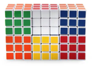 Detailed macro view of a 9-piece 3x3 white speed cube puzzle set with vibrant colored stickers