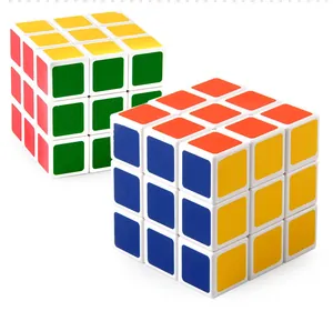 Detail view of two 3x3x3 magic cubes with white frame and vibrant classic color stickers