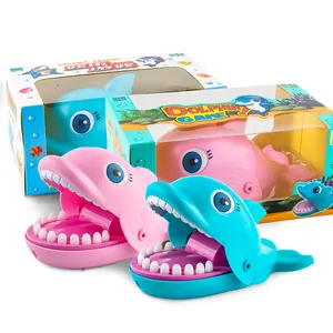 Blue and pink interactive dolphin finger biting game toy set with colorful gift packaging
