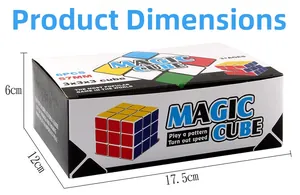 Wholesale box of six 57mm magic cubes showing precise dimensions and packaging detail