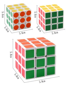 Detail view of 3x3x3 speed cubes in 5.6cm and 5.8cm sizes with smooth plastic finish