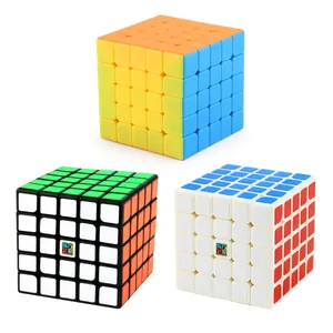 Three 5x5 speed cubes in stickerless, black, and white versions on a clean background