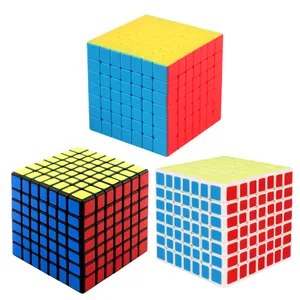 Three 7x7x7 high-order speed cubes in stickerless, black and white sticker variants