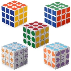 Five assorted 3x3 speed cube toys with classic colors, stars, hearts and dot patterns