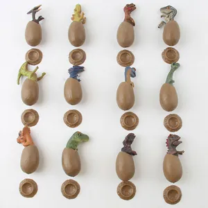 Set of 12 hatching dinosaur egg models with bases for educational toy collection