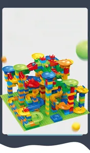 Detailed multi-layer marble run construction with colorful blocks and vibrant balls