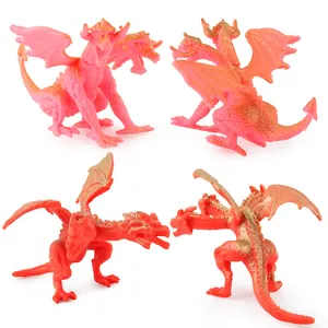Three-headed red dragon figure with gold scales shown from four different angles