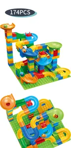 Detailed 174-piece marble run set with colorful building blocks and multi-level tracks