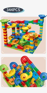 Detailed top and isometric view of 344pcs marble run blocks set with colorful tracks