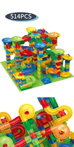 Detailed view of a 514PCS colorful marble run block set with tracks and patterned balls