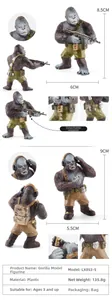 Detail view of mini battle gorilla figures with removable weapons and tactical gear
