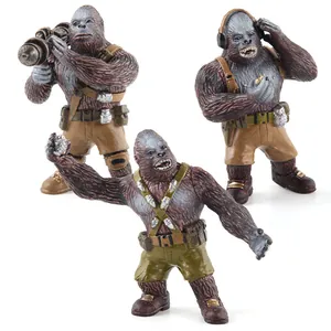 Three battle-ready gorilla action figures with tactical weapons on white background