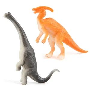 Detailliertes Dinosaurier-Spielzeugset mit grauem Brachiosaurus und orangefarbenem Parasaurolophus
