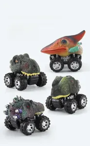 Close-up of four dinosaur monster trucks showing detailed skin textures and realistic paint