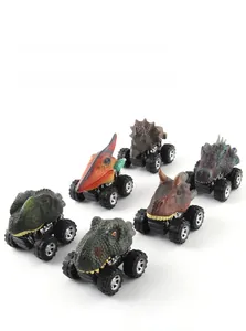 Detailed set of six dinosaur pull-back toy cars with large off-road tires for boys