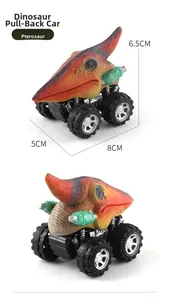 Detail view of Pterosaur dinosaur pull-back toy car with off-road tires and size specs