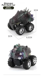 Macro view of dinosaur pull-back car showing skin textures and 6.5x5x6cm dimensions