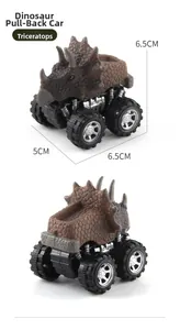Detailed dimensions showing a Triceratops pullback dinosaur racer with off-road tires