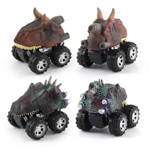 Set of 4 friction powered dinosaur monster trucks featuring T-Rex and Triceratops shapes