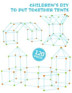 Detail showing 120PCS DIY tent building kit with blue rods and colorful connector balls