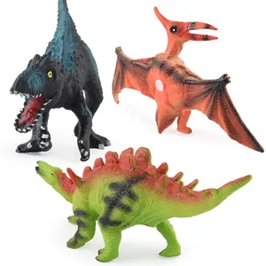Realistic toy dinosaur set including Carnotaurus, Pterosaur, and Stegosaurus models