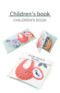 Macro detail of soft crinkle cloth book featuring sloth illustrations for baby learning