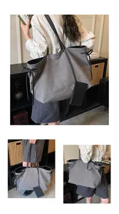 Detailed views of gray canvas tote bag featuring black leather straps and side bow knots