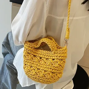 Handmade yellow crochet bucket bag with thick cotton rope handle for summer beach beachwear