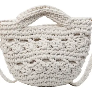 Chic hollow out handwoven cream cotton bucket bag for summer beach vacation and daily use