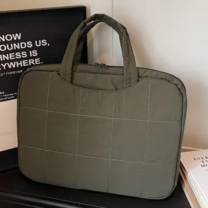 Women Quilted Laptop Handbag Large Capacity Polyester Square Quilted Tablet Storage Bag Daily Office Commute Simple Tote Bag