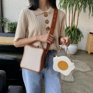 Creative Simulation Food Bread Toast And Fried Egg Shoulder Bag PU Leather Suede Stitching Crossbody Bag For Women Daily Party Novelty Purse